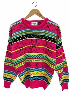 Vintage Tyrolia Wool Blend Sweater Neon Geometric Retro 80s Apres Ski Lodge M